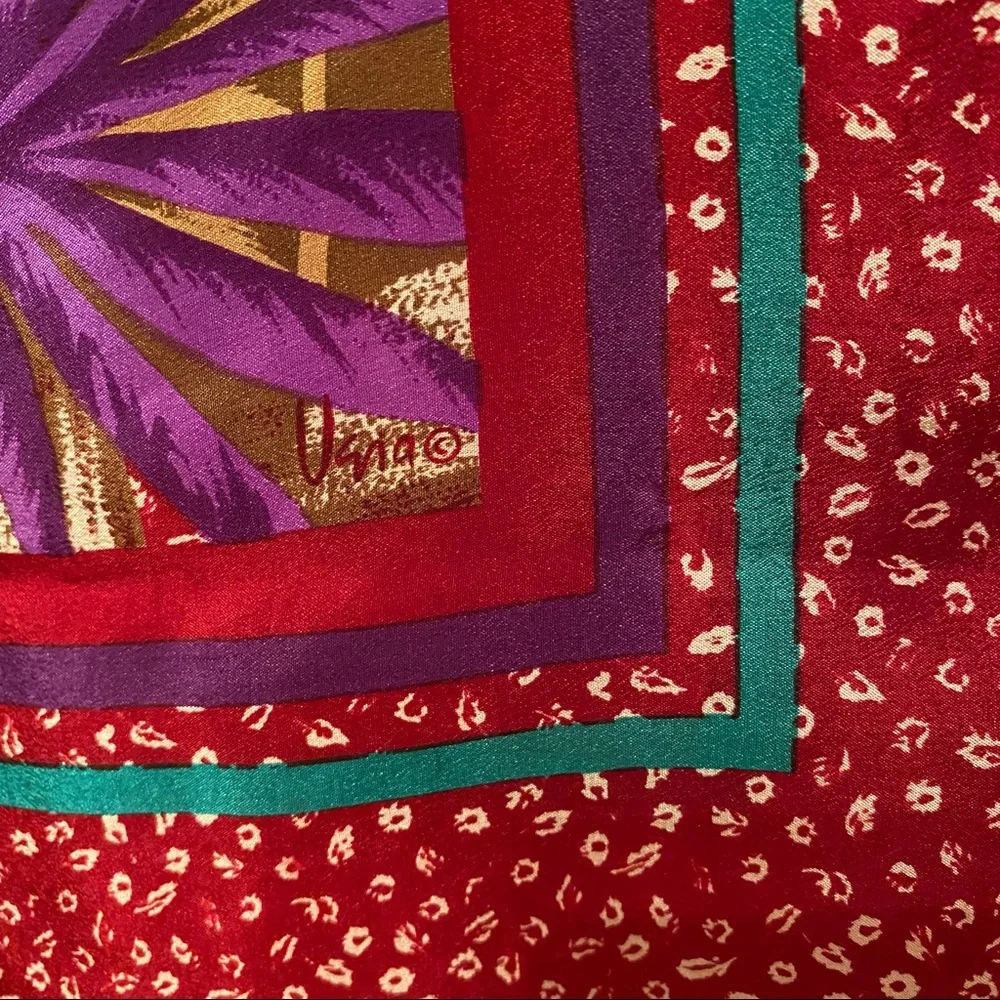 VERA SCARF VINTAGE RED WHITE PURPLE GREEN BROWN FROND PALM LEAVES SILK SQUARE